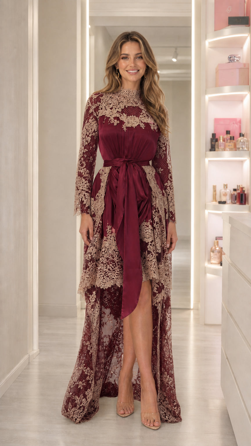 Front view of Burgundy wine satin high-low gown with lace overlay