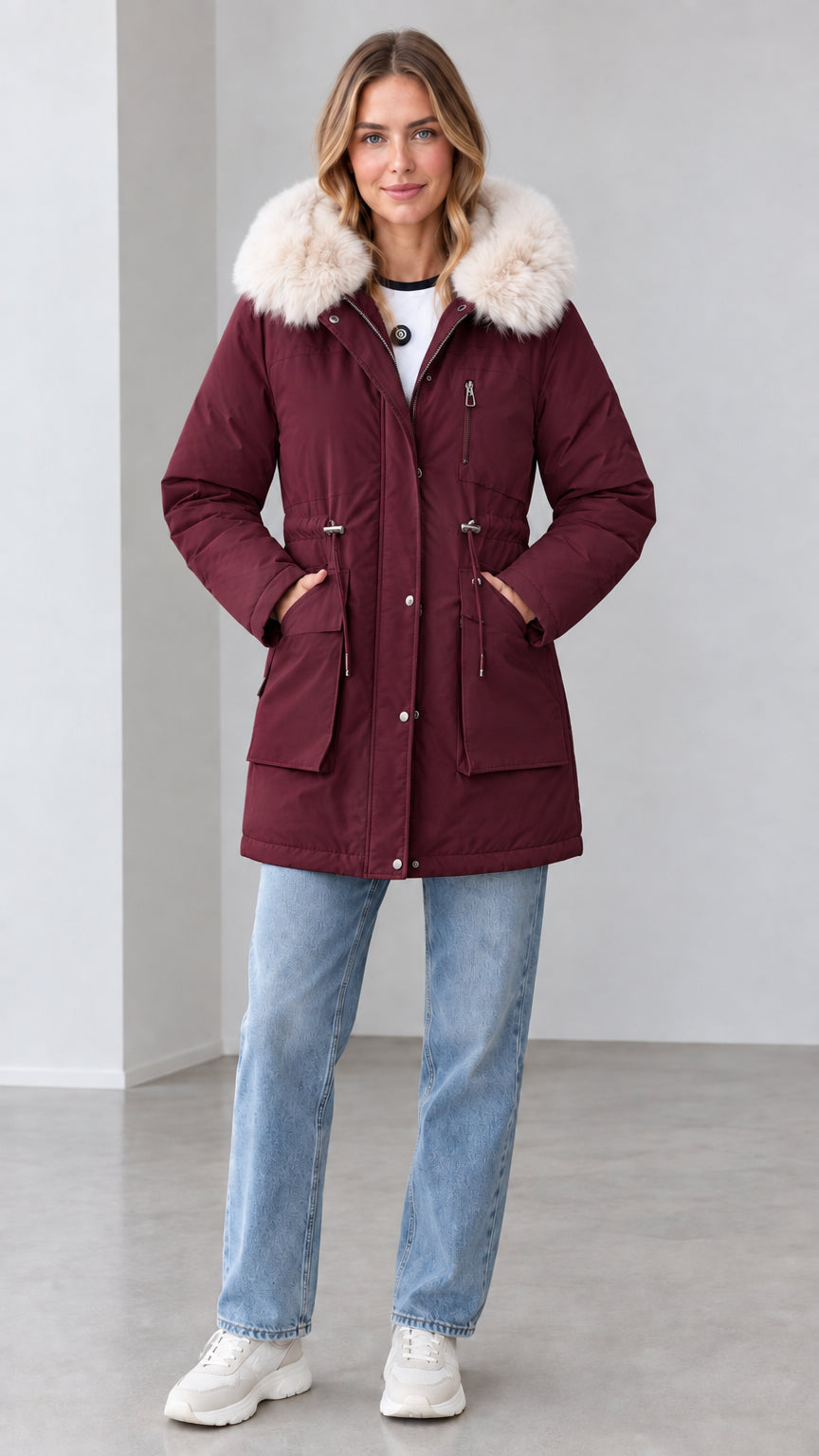 Front view of women's burgundy wine mid-length hooded winter parka