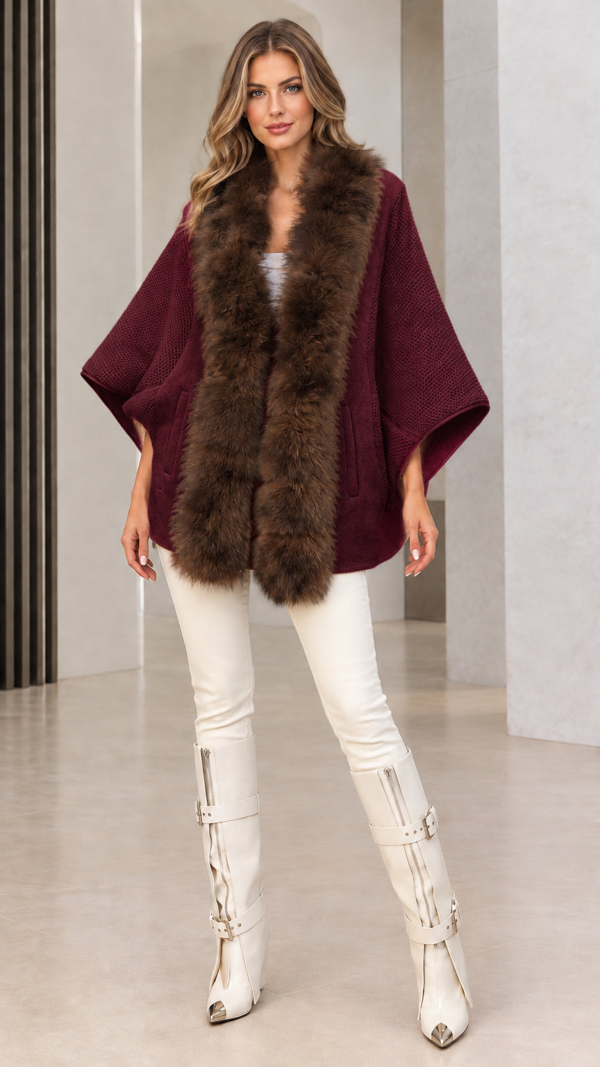 Burgundy wine red knit poncho cape with brown faux fur trim