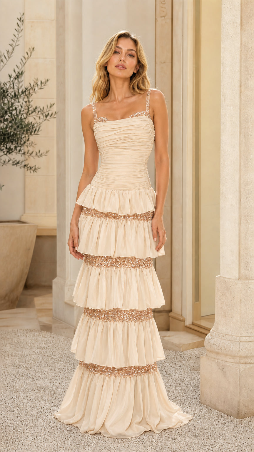 Front view of champagne tiered sequin maxi dress variant