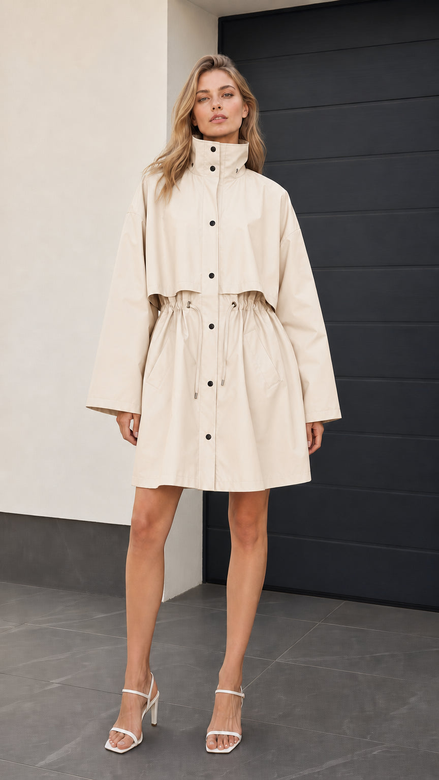 Front full-length view of woman wearing beige drawstring lightweight trench jacket