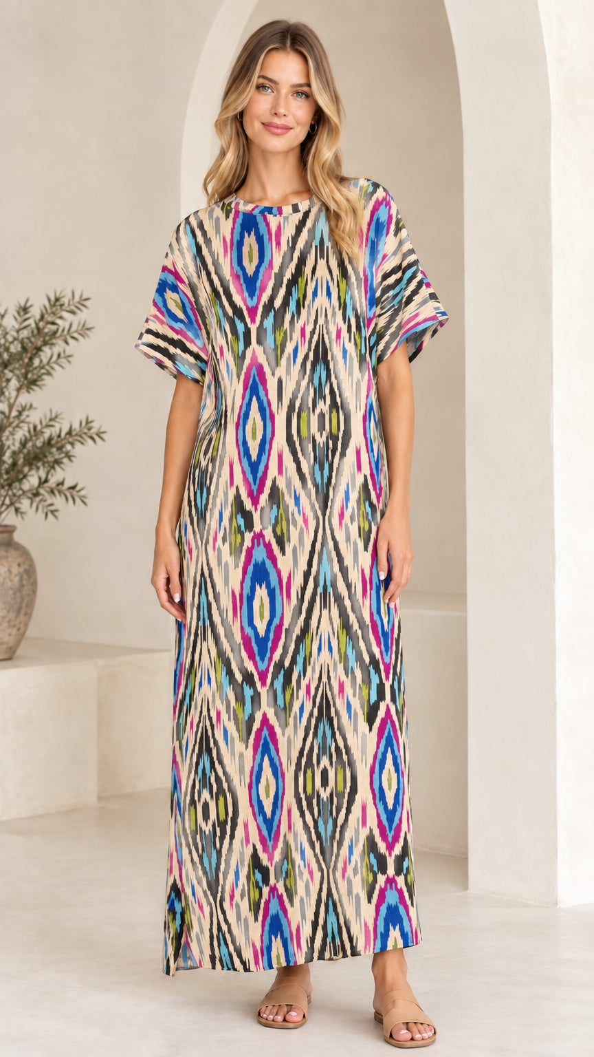 Full-length view of woman in light beige multi patterned maxi dress