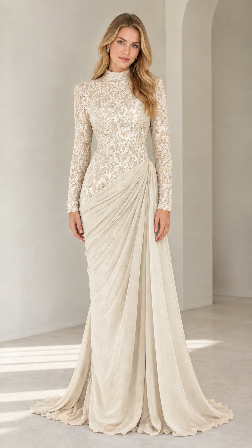 Front view of champagne ivory high neck lace long sleeve draped evening dress