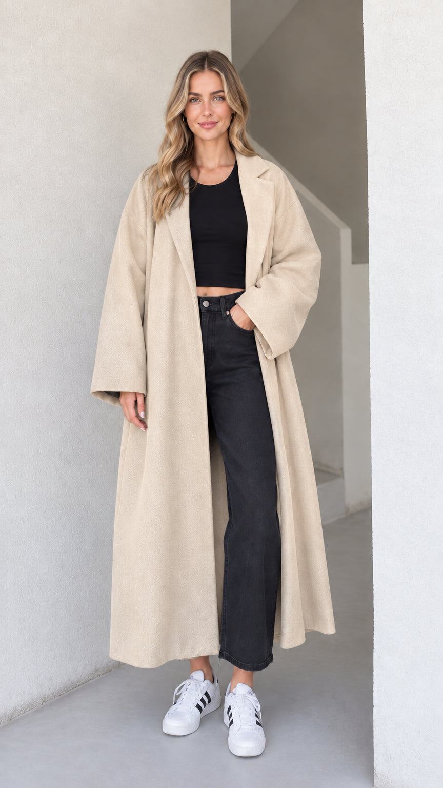 Front view of the women's oversized maxi coat in cream beige