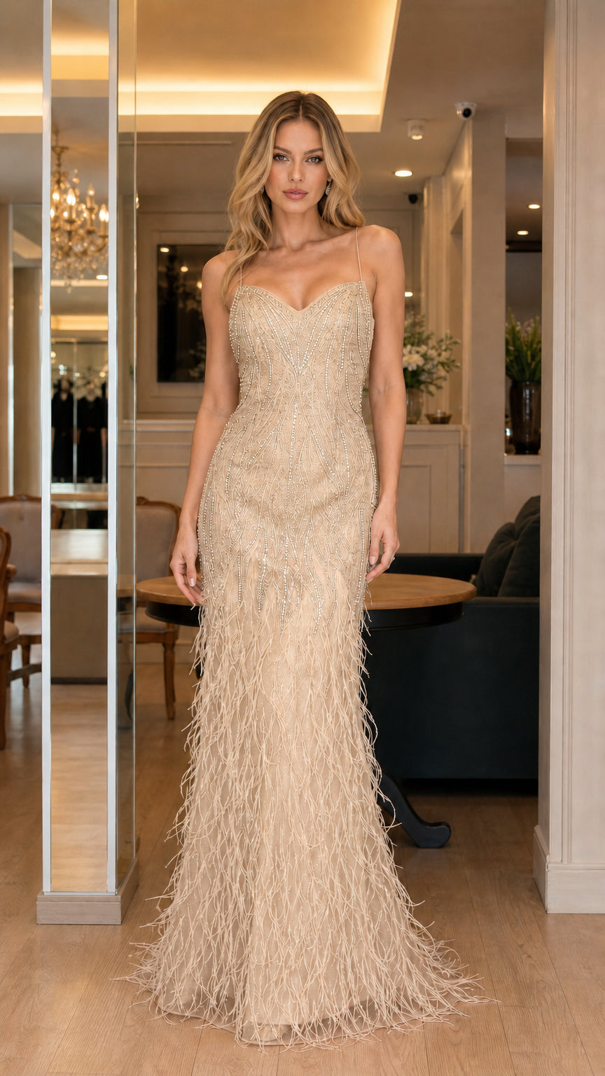 Front view of champagne gold evening gown with feather hem
