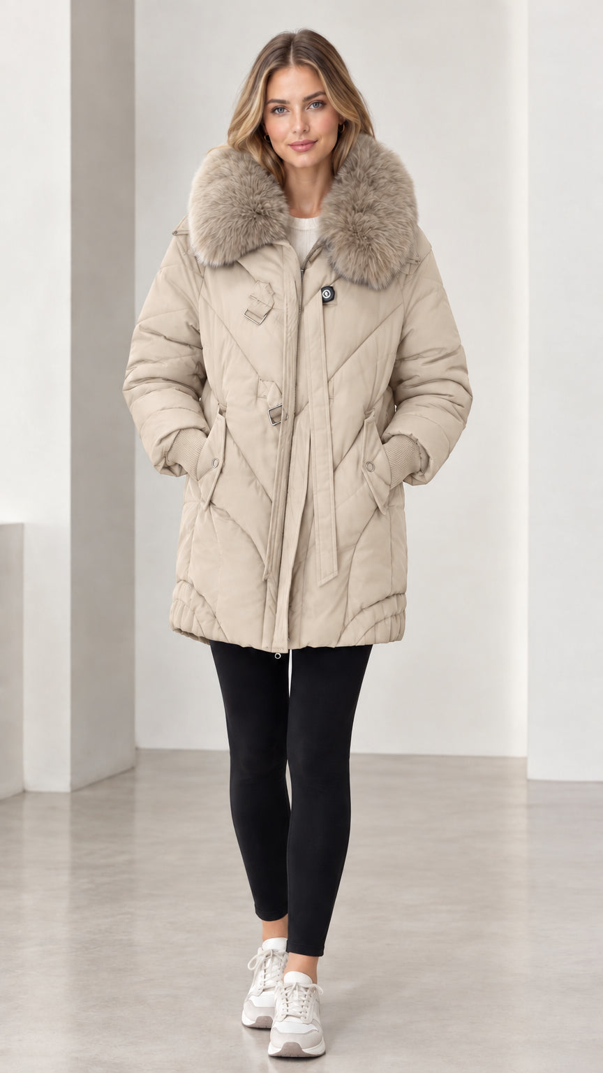 Front full-length view of model wearing beige cream faux fur collar quilted winter coat