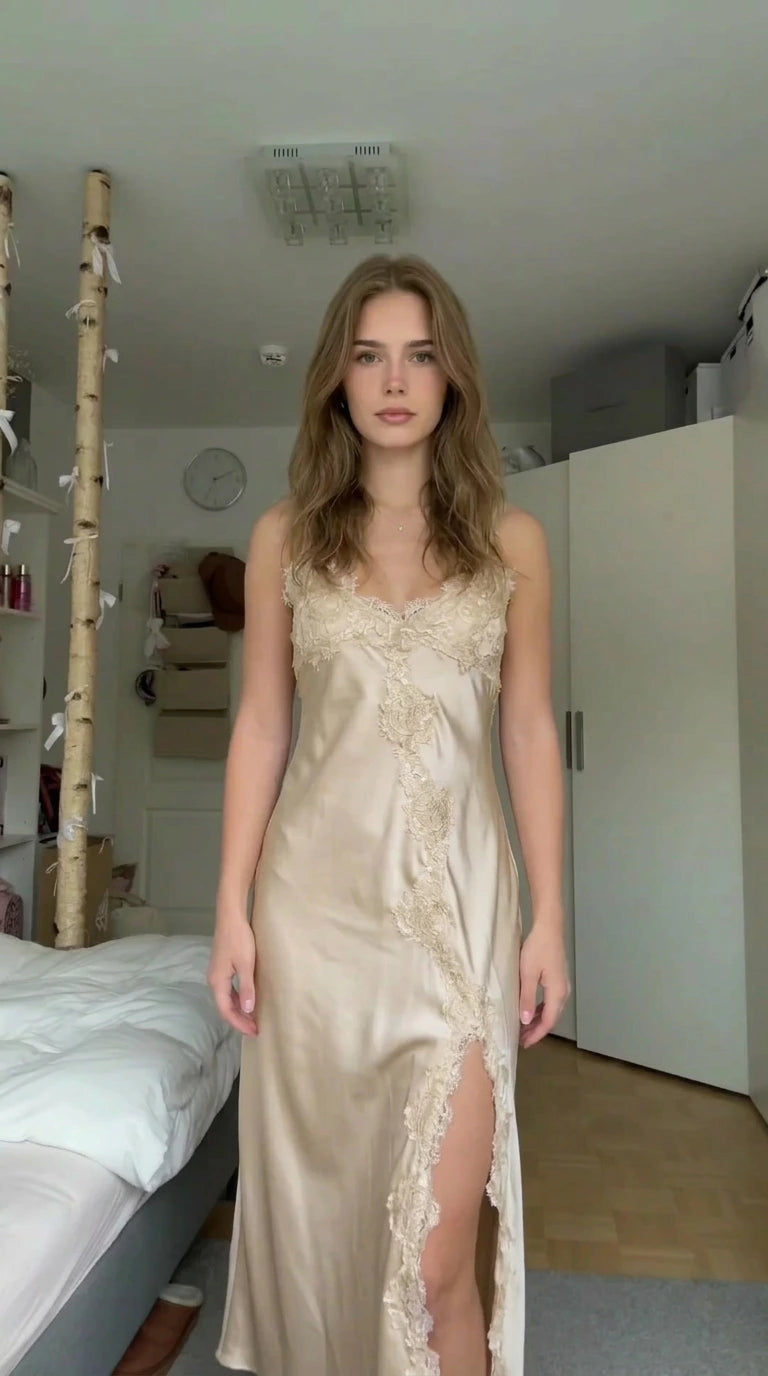 Model wearing champagne gold satin maxi slip dress with lace trim