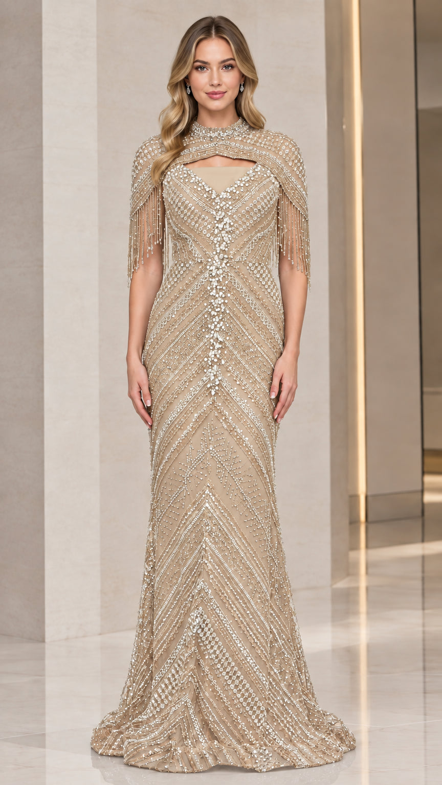 Champagne gold embellished capelet mermaid formal evening dress