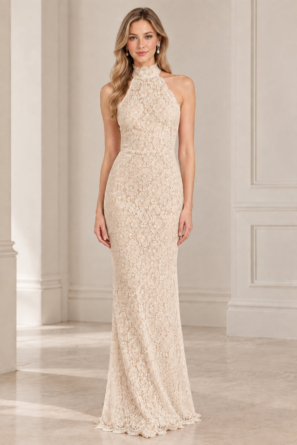 Champagne beige high neck halter backless lace evening maxi dress