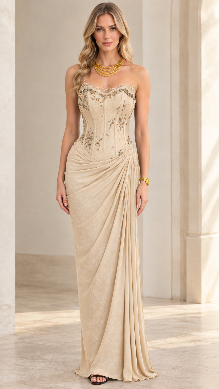 Model wearing champagne gold strapless corset draped maxi dress