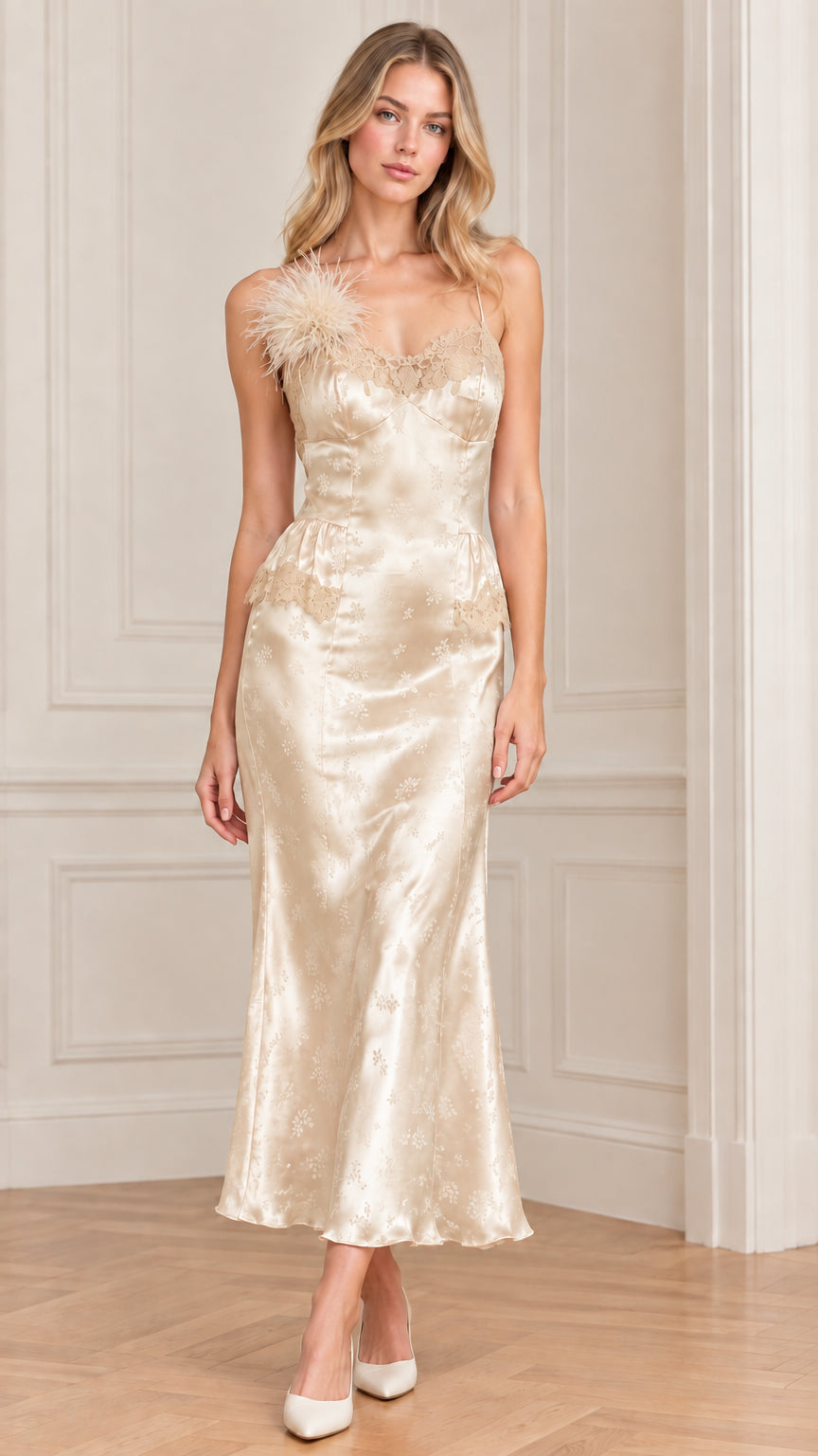 Front full-length view of woman wearing champagne satin jacquard slip dress with lace trim