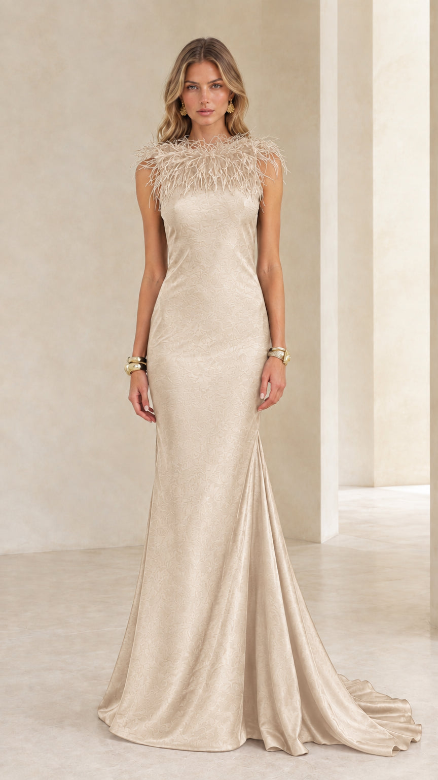 Champagne open back feather trim mermaid evening gown