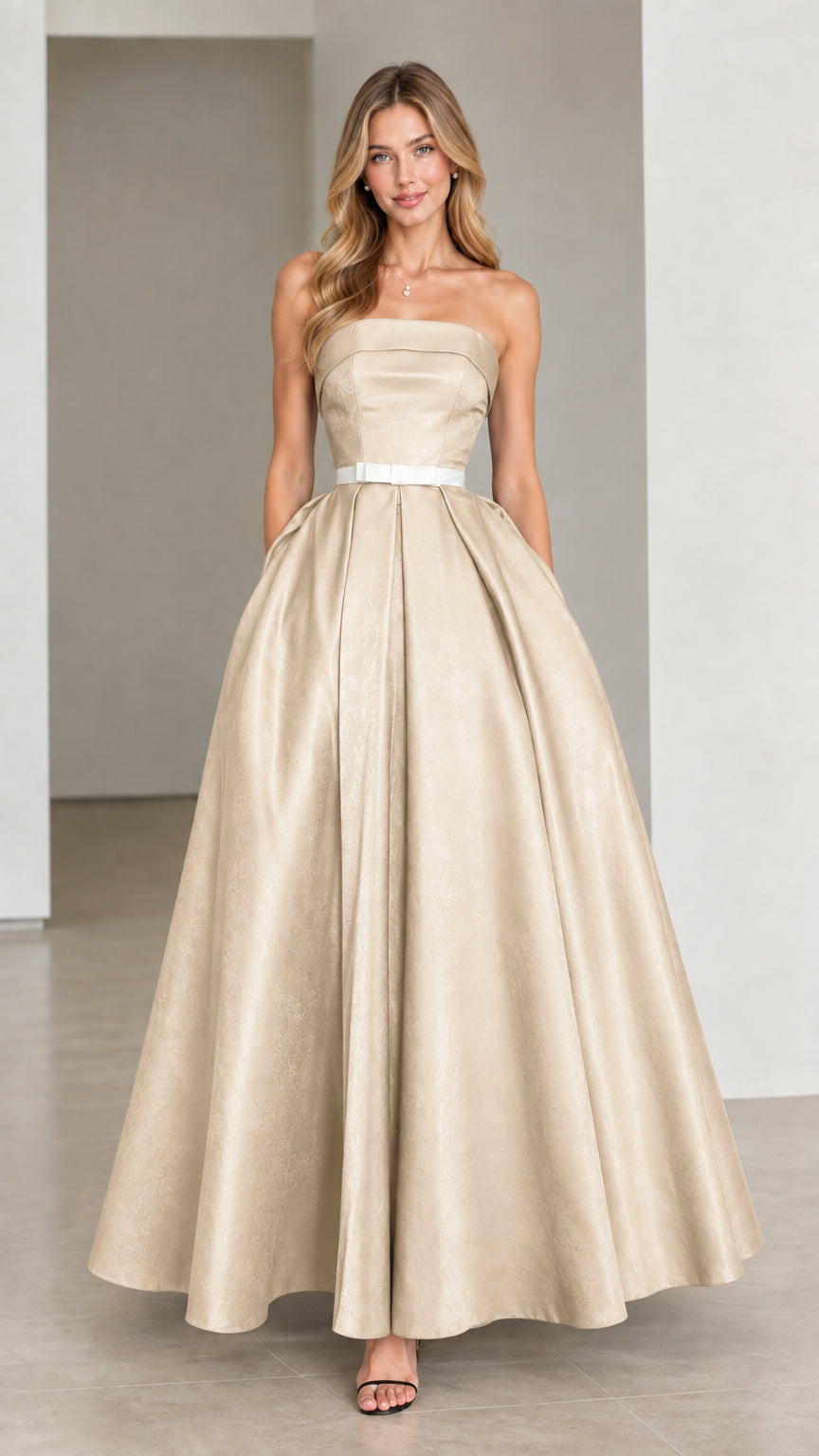 Champagne gold strapless A-line satin ball gown with white waist accent
