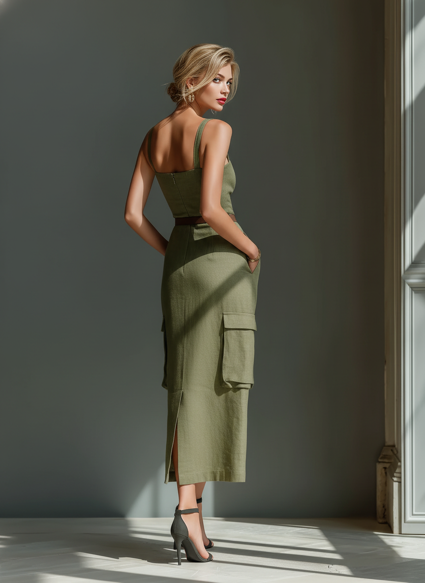 Women's Olive Green Linen Fabric Sleeveless Midi Dress With Cargo Pockets & Belted Waist MDZ2753A1T