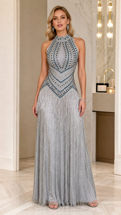 Silver rhinestone beaded halter maxi gown with flowing fringe skirt front view