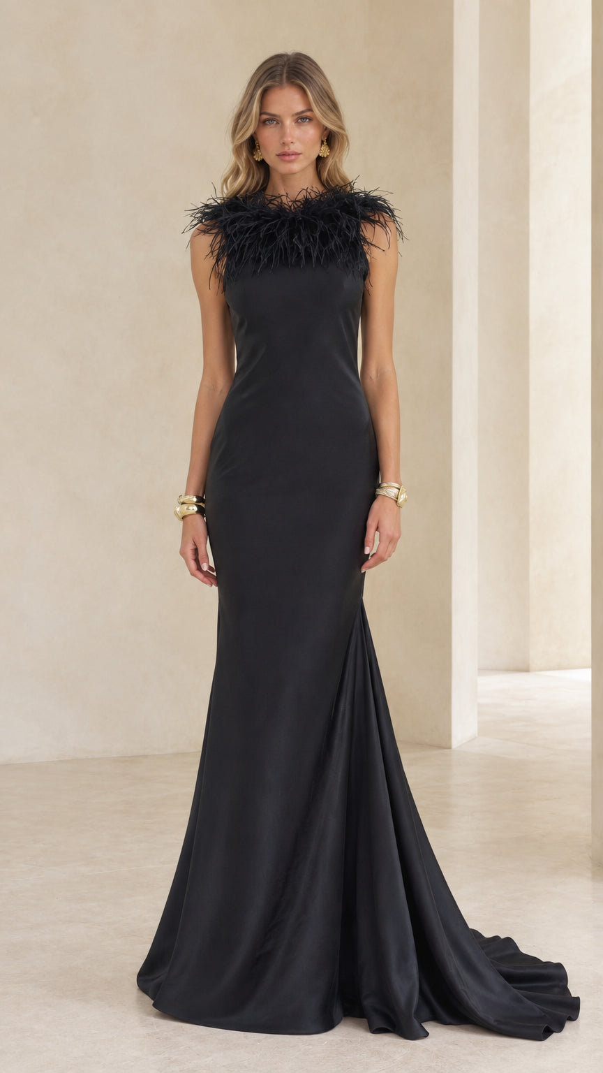 Black sleeveless feather trimmed mermaid evening gown front view