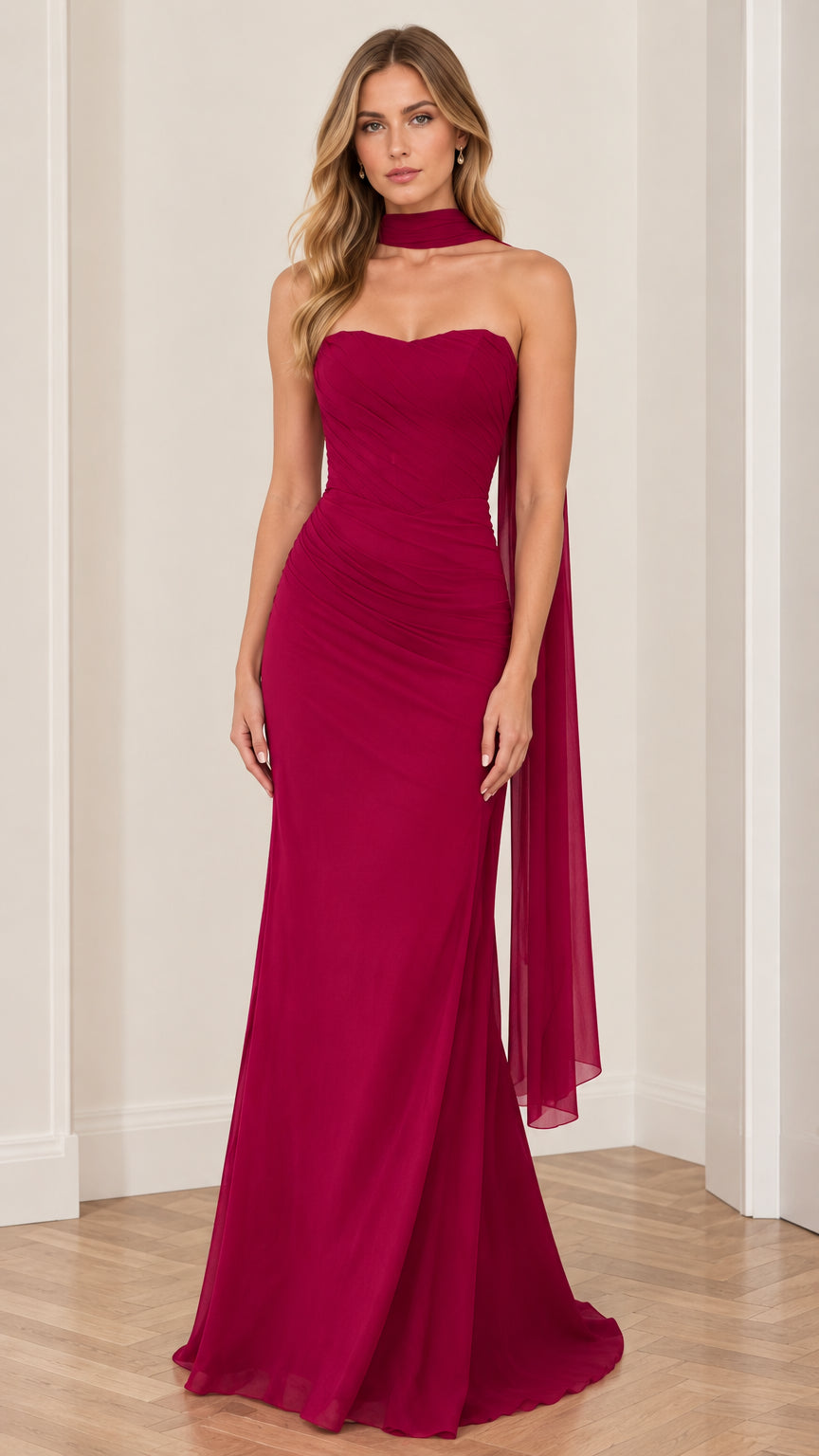 Berry red strapless ruched maxi evening gown with matching neck scarf front view