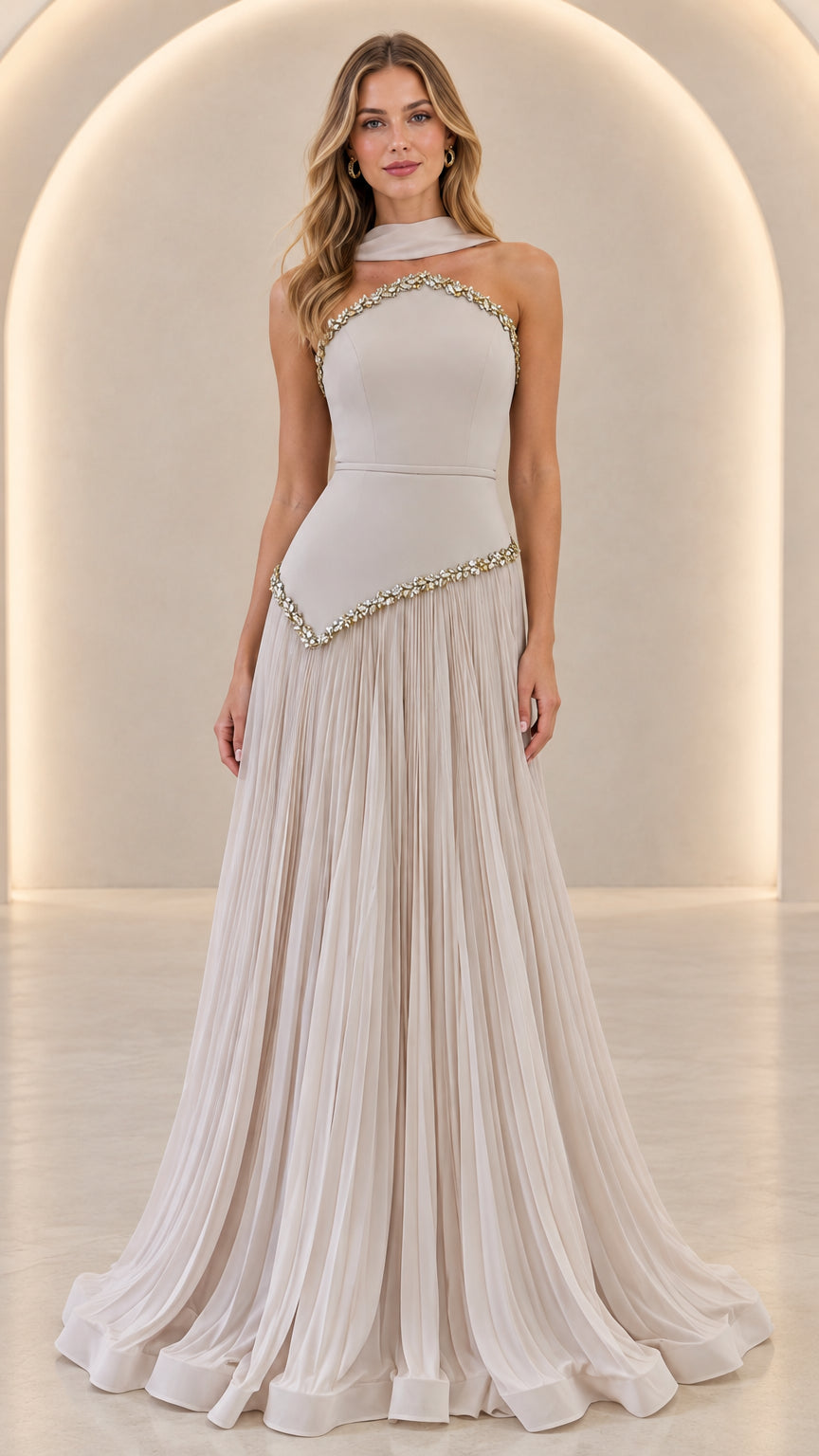 Front view of the Silver Grey Embellished Halter Pleated Maxi Evening Gown