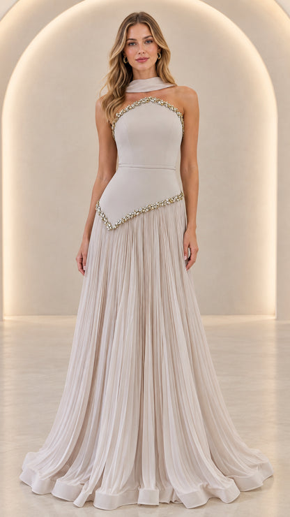 Front view of the Silver Grey Embellished Halter Pleated Maxi Evening Gown