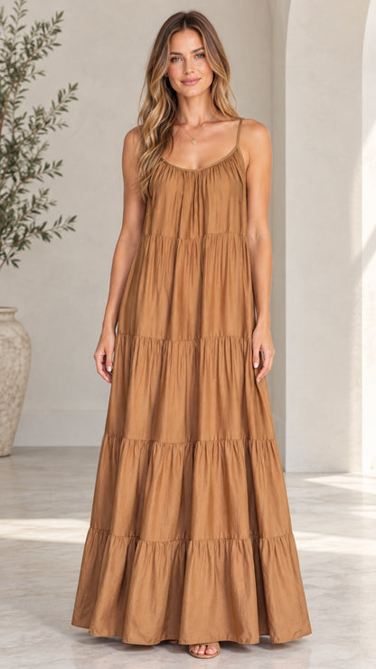 Front view of model wearing camel tiered sleeveless maxi sundress