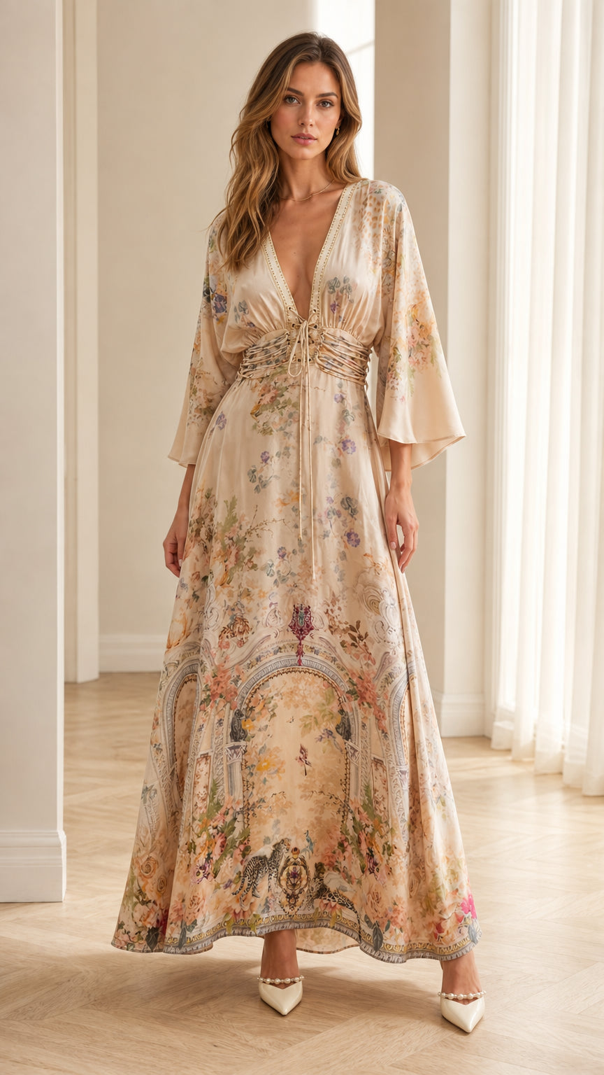 Front view of champagne floral bohemian maxi dress