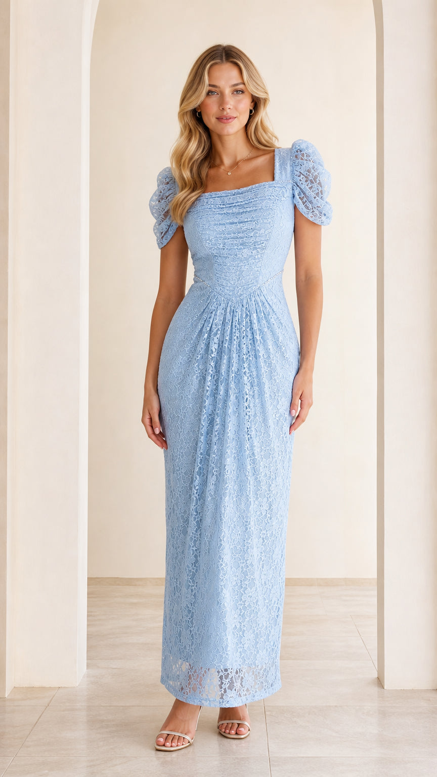 Light Blue square neck ruched lace maxi dress with puff sleeves front view