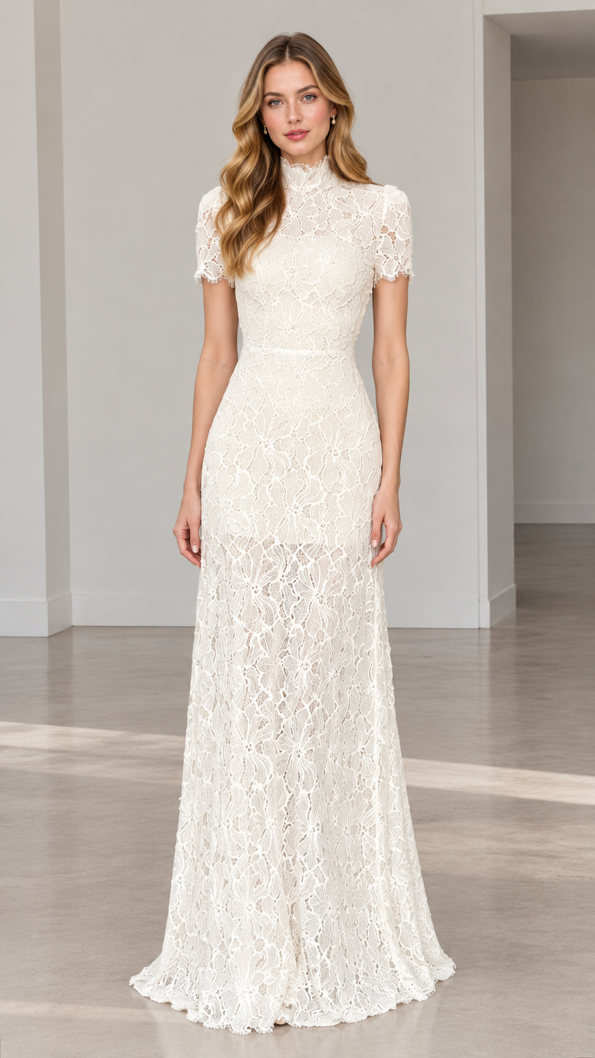 Front full-length view of model wearing ivory high-neck floral lace maxi dress