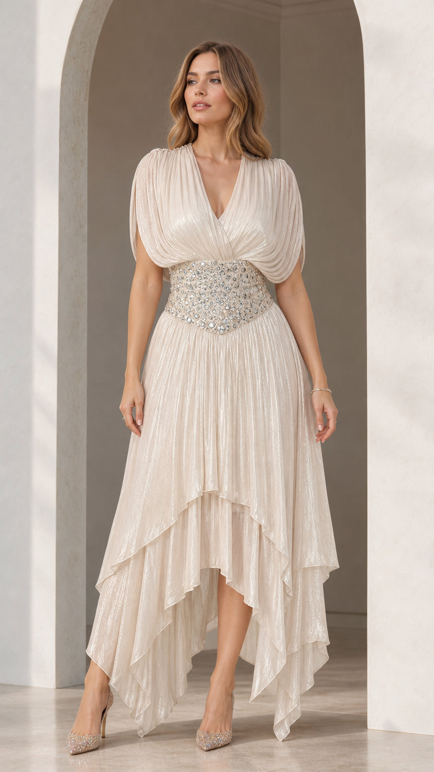 Front view of Champagne shimmer pleated high-low evening dress with embellished waist