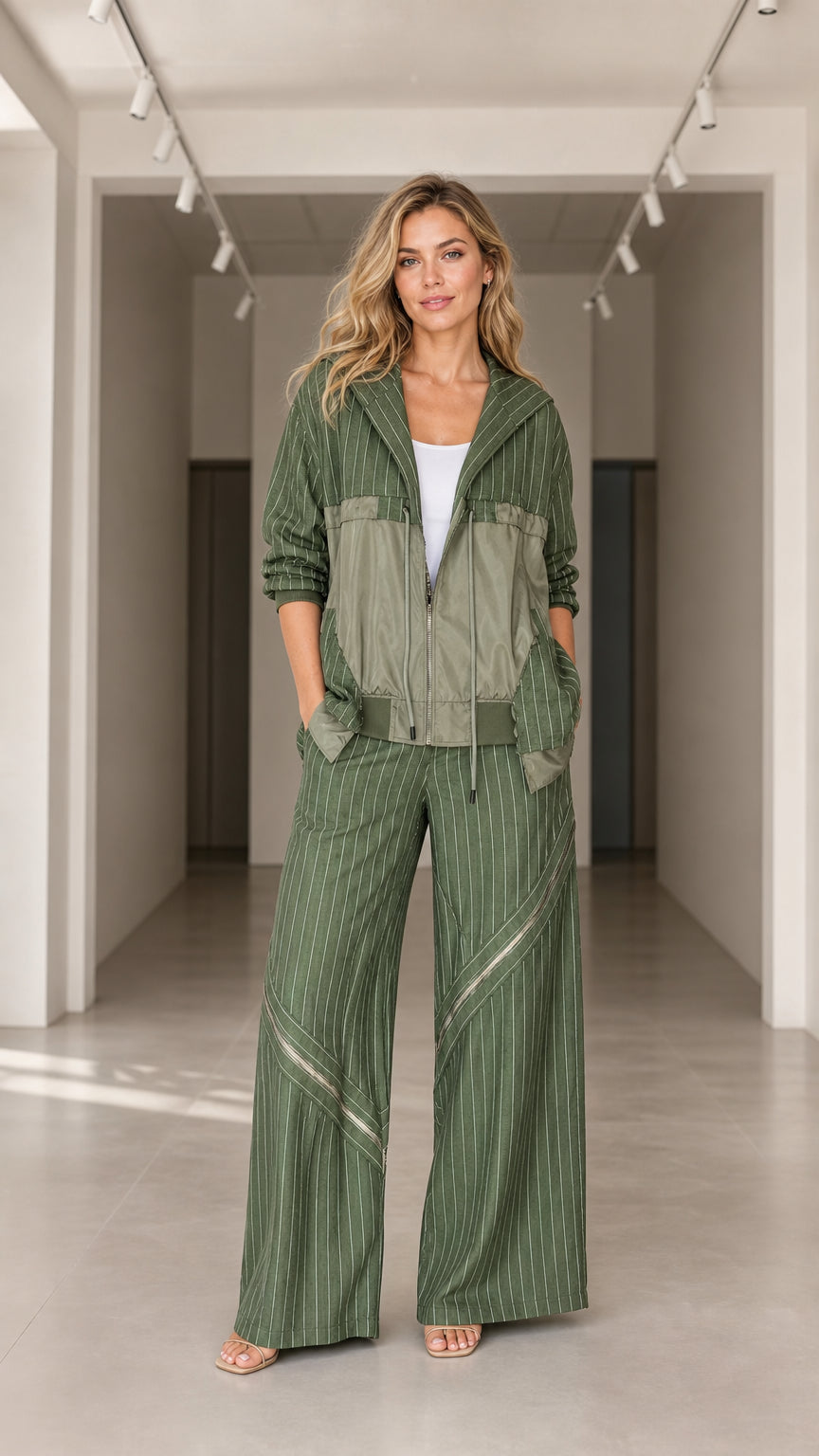 Full front view of model wearing olive green pinstripe hooded jacket and wide-leg pants set