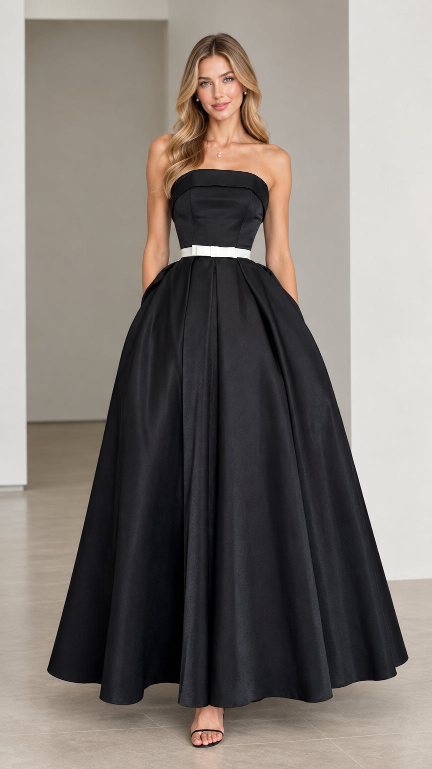 Model wearing black strapless A-line formal evening gown with white waist ribbon