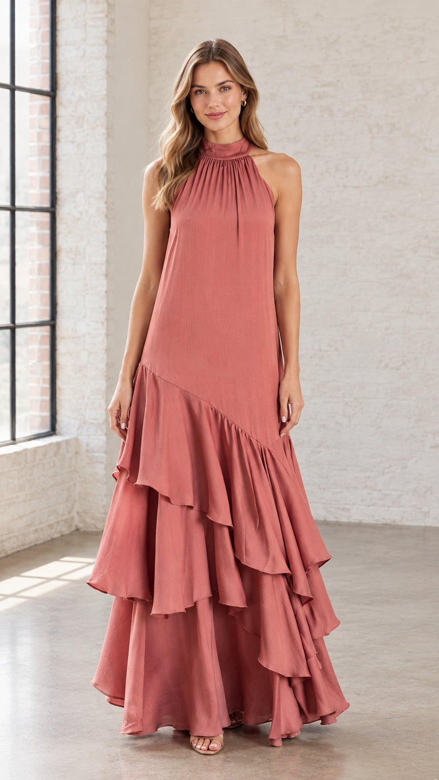 Front view of woman wearing Dusty Rose halter neck tiered ruffle maxi dress
