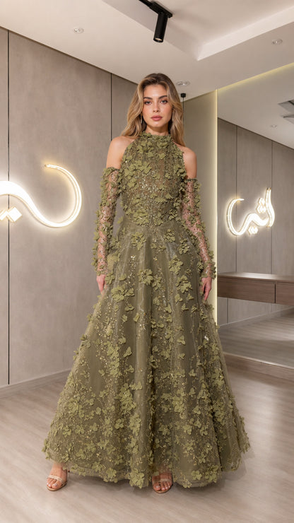 Front view of model wearing an olive green 3D floral applique halter neck evening gown with cold shoulder sleeves