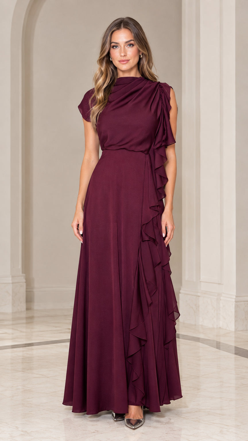 Burgundy draped high neck maxi dress with side cascade ruffle front view