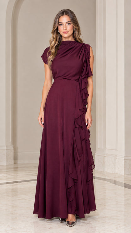 Burgundy draped high neck maxi dress with side cascade ruffle front view