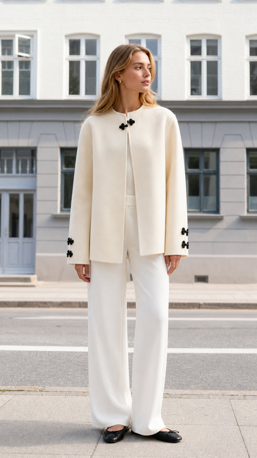 Front full view of woman wearing off-white collarless jacket with black knot closure and white trousers