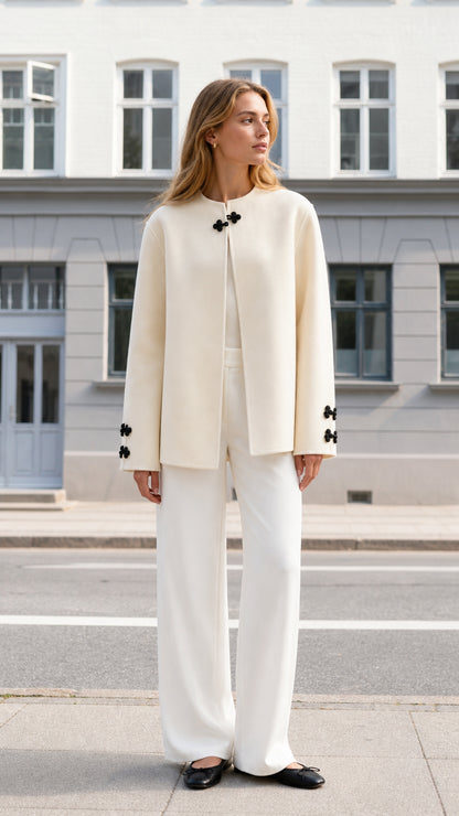 Front full view of woman wearing off-white collarless jacket with black knot closure and white trousers