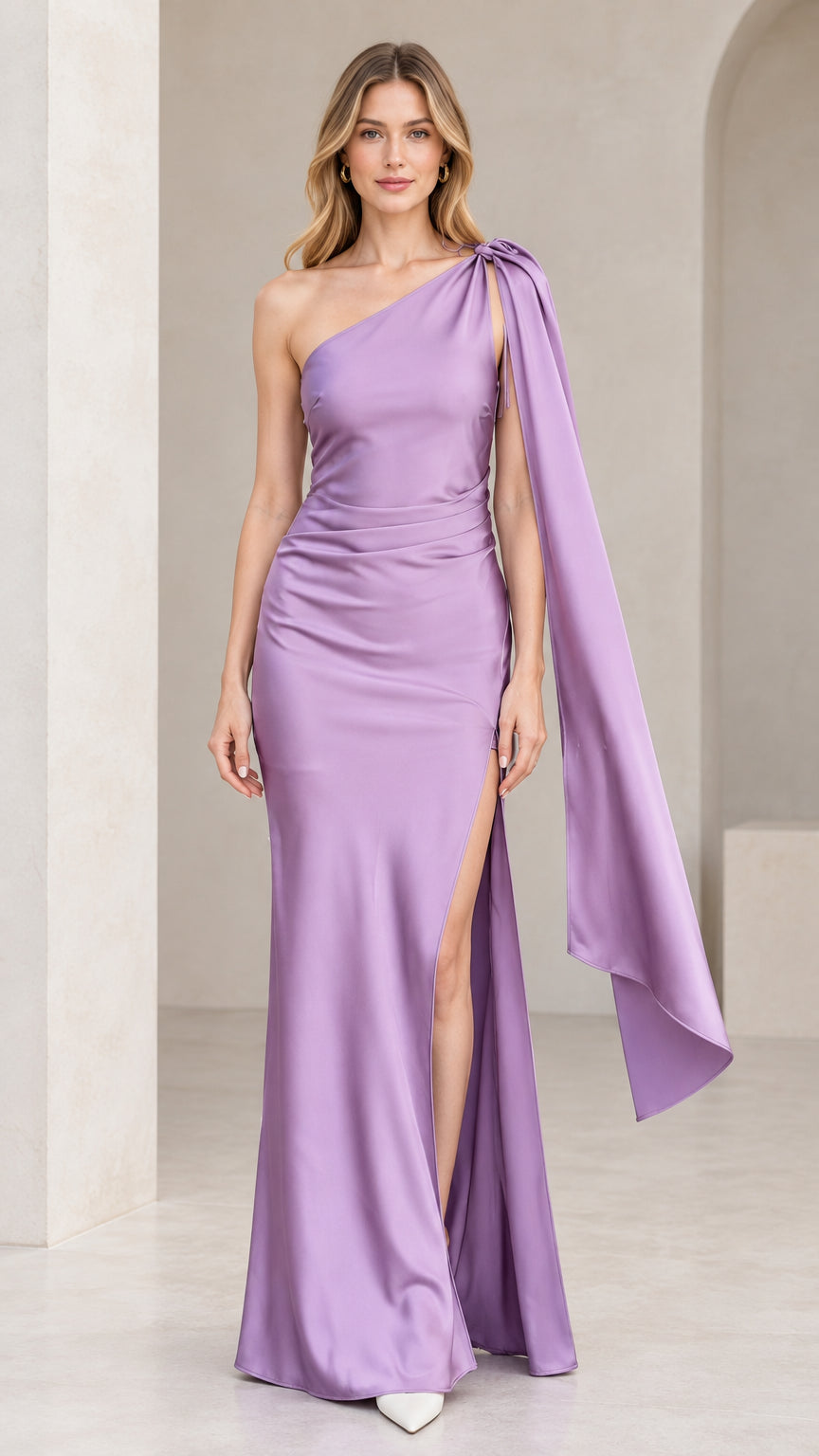 Front full view of lavender one-shoulder satin maxi gown with draped shoulder sash and side slit