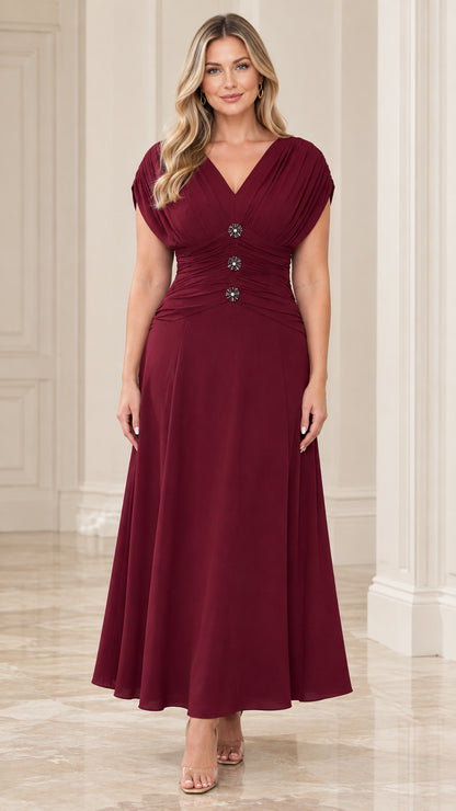 Burgundy V-neck ruched bodice maxi dress with crystal buttons front view