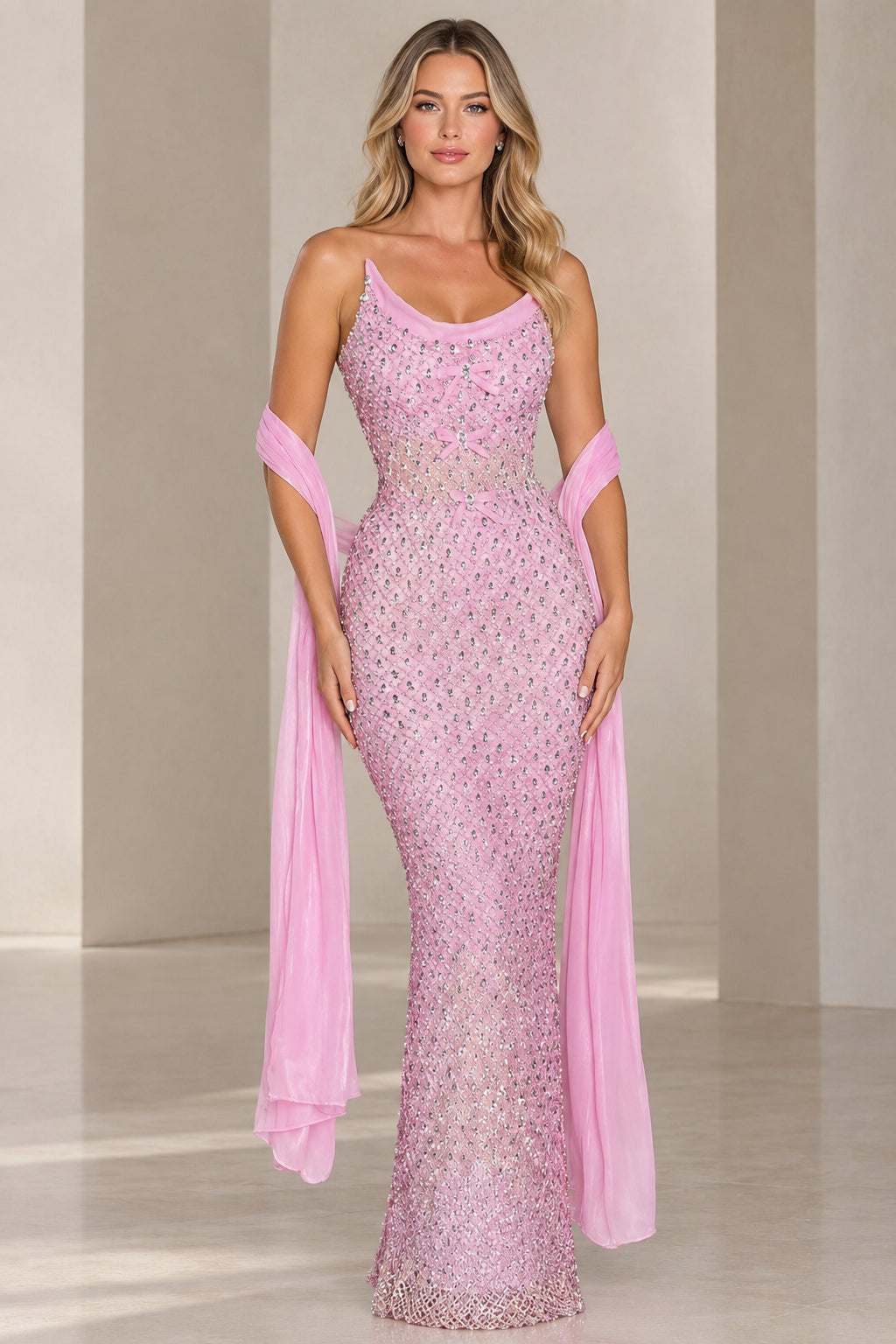 Pink rhinestone embellished mermaid evening gown with matching shawl front view
