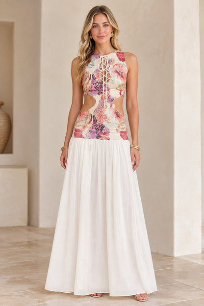 Front view of model wearing White floral lace-up cutout maxi dress