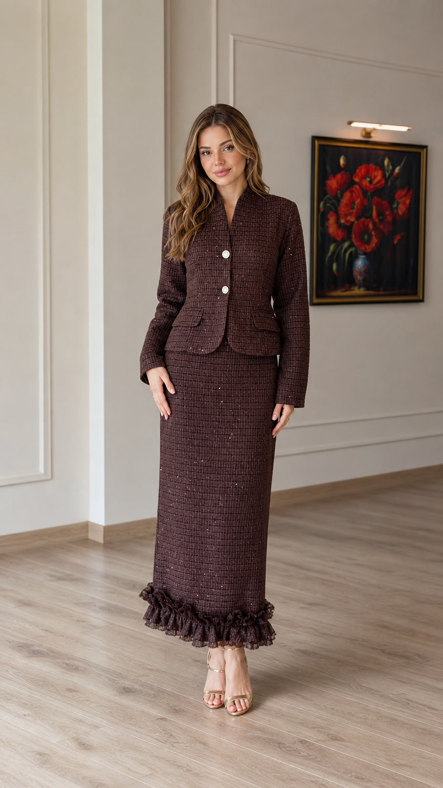 Front full view of woman wearing chocolate brown tweed jacket and ruffle hem maxi skirt set