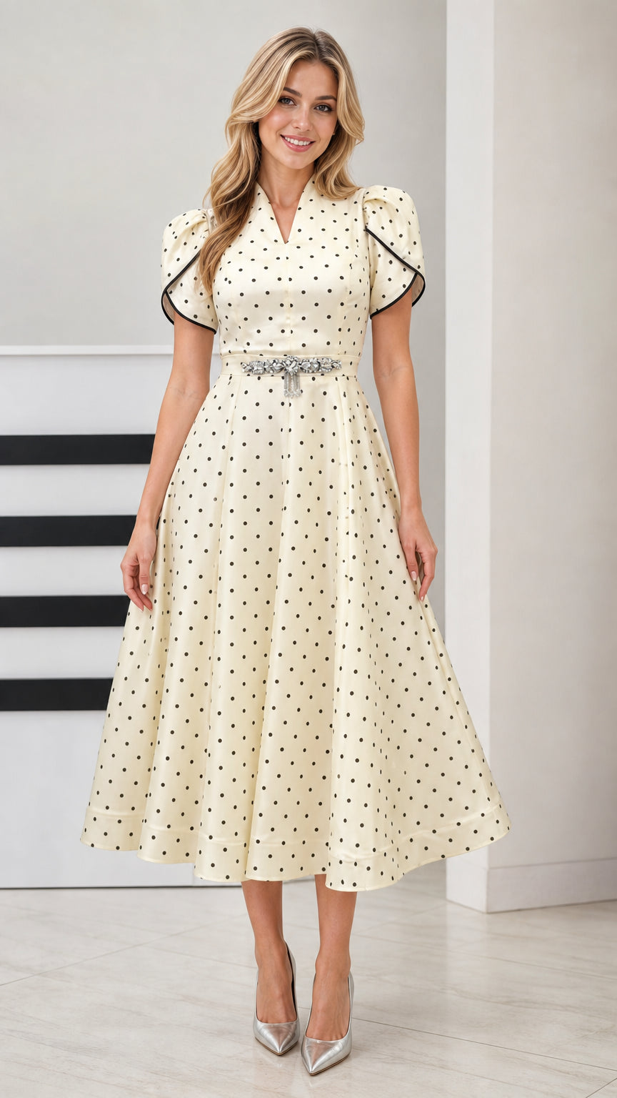 Front full view of woman wearing Cream polka dot V-neck midi dress with crystal waist detail