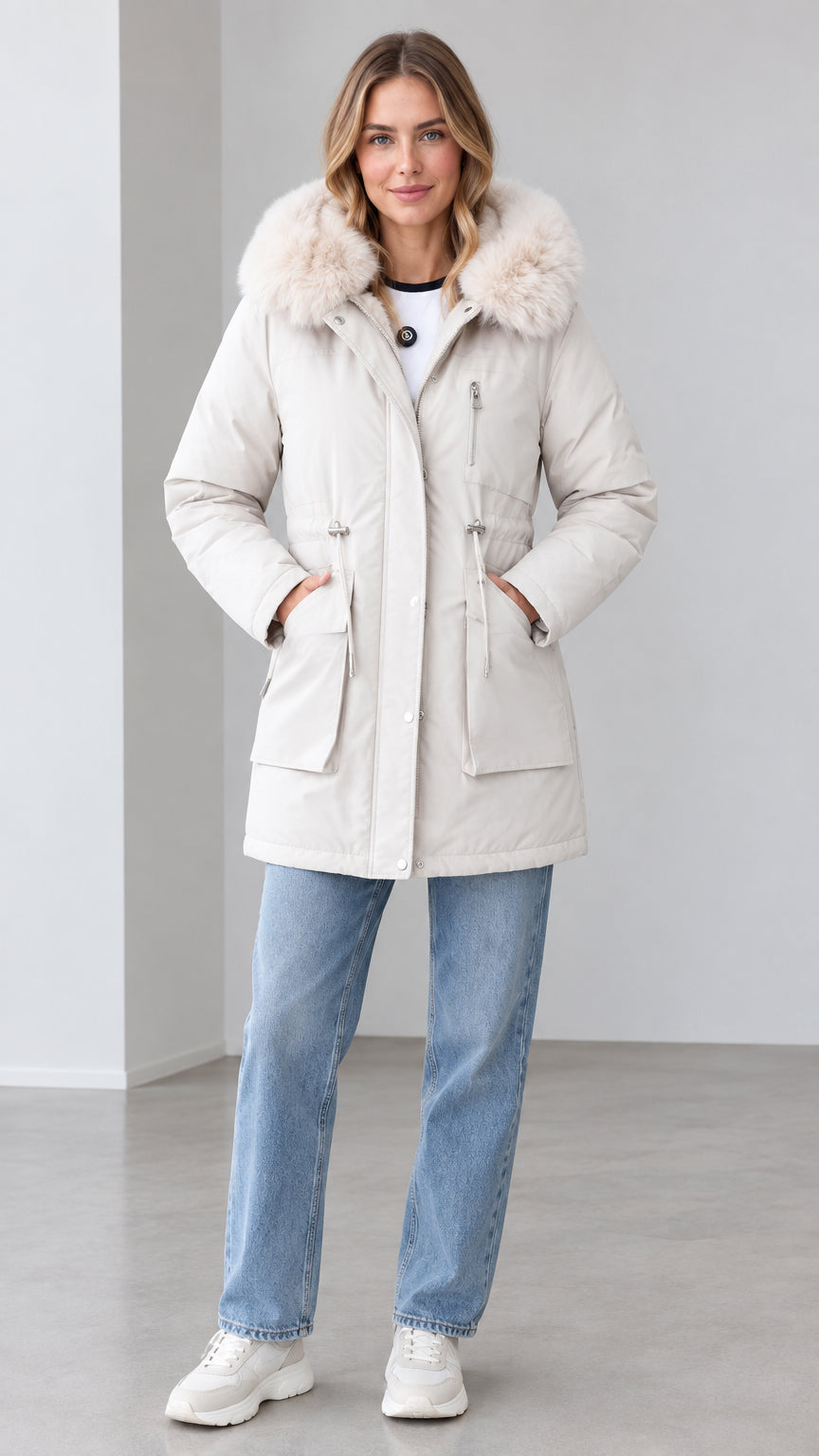 Front full view of women's off-white mid-length winter parka with faux fur hood