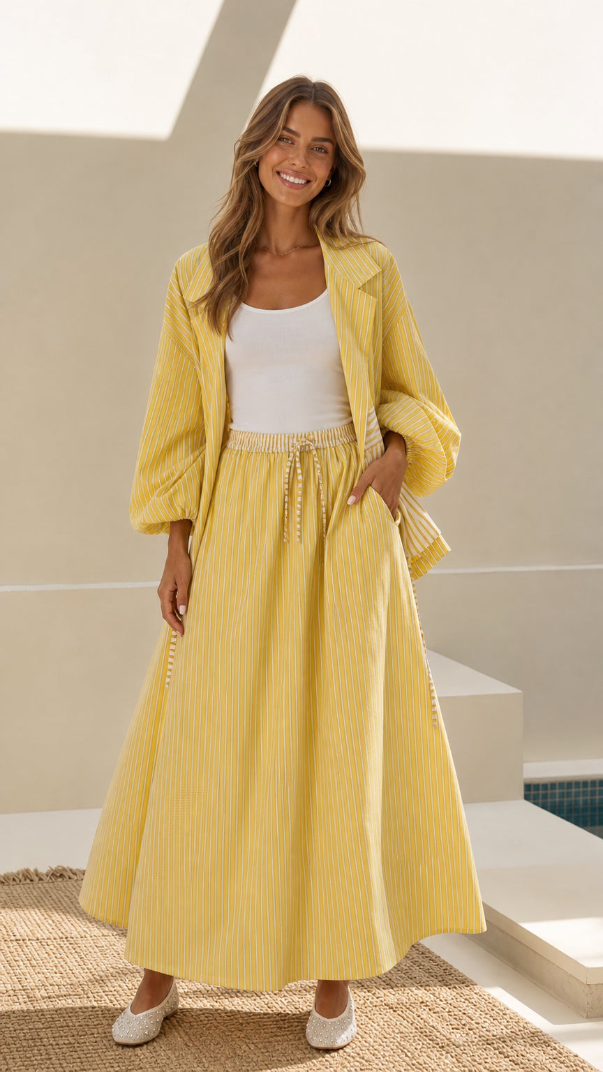 Model wearing yellow striped open-front jacket and matching drawstring maxi skirt set - front view