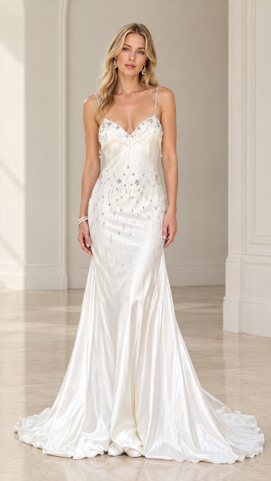 Ivory beaded satin mermaid evening gown with spaghetti straps front view
