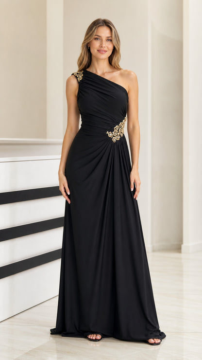 Front view of black one-shoulder maxi evening dress with crystal waist accent