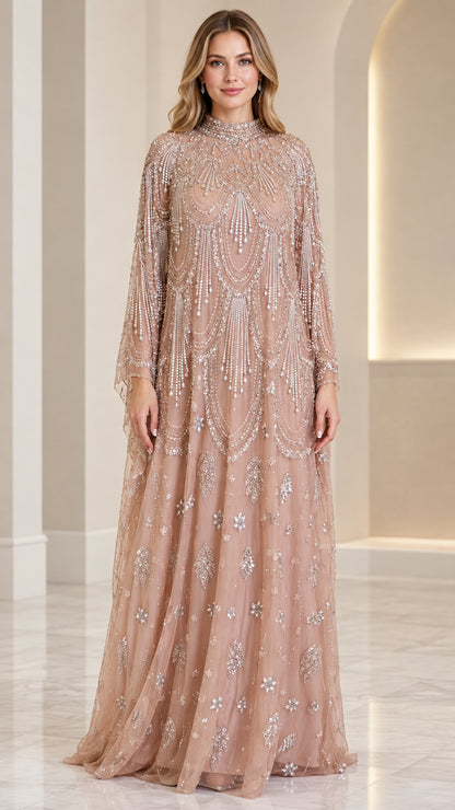 Champagne embellished high neck long sleeve maxi evening gown front view