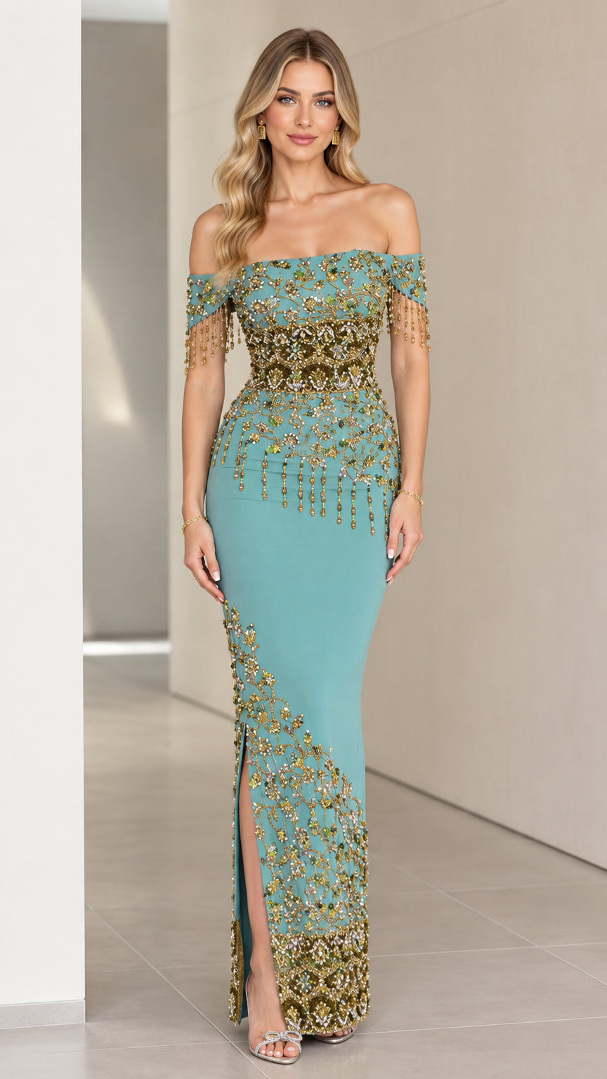 Front view of teal off-the-shoulder beaded fringe evening maxi gown with side slit