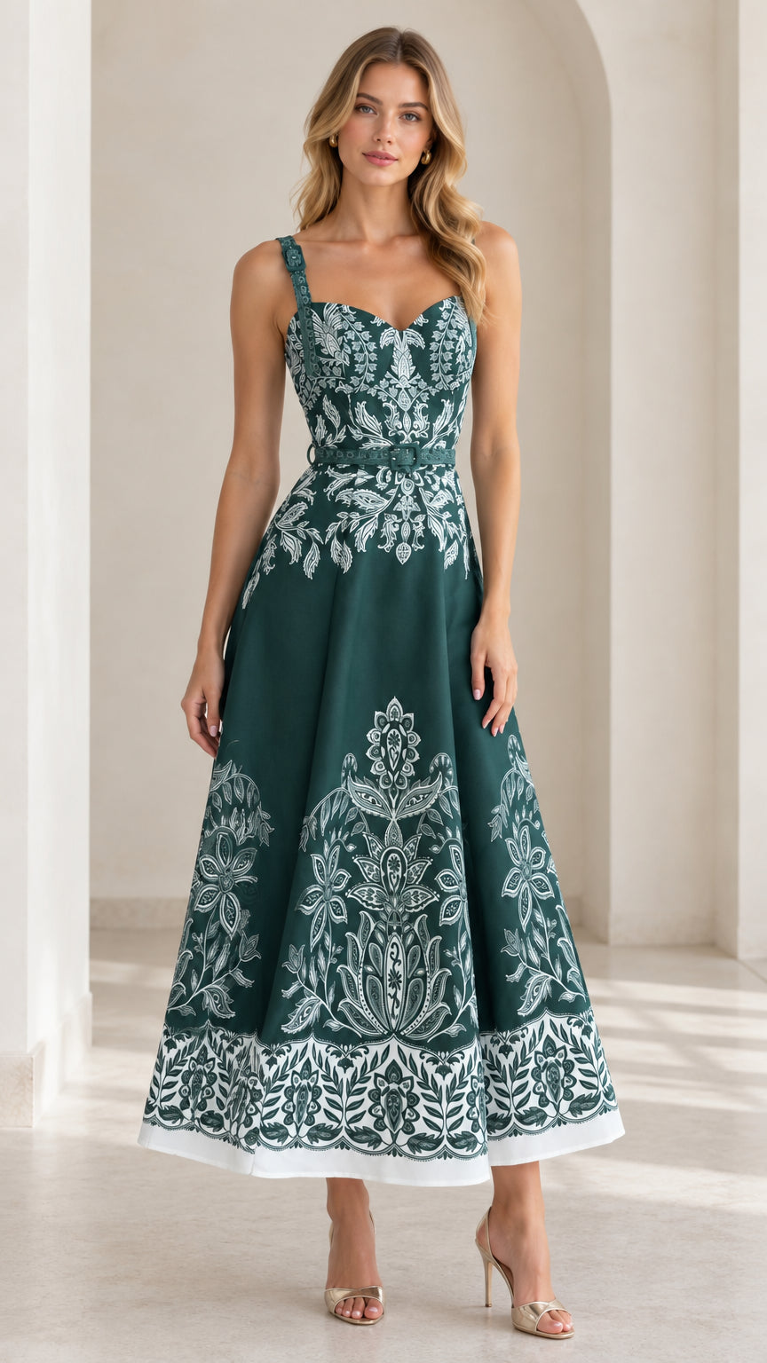 Emerald Green vintage baroque print sweetheart midi dress front view on model