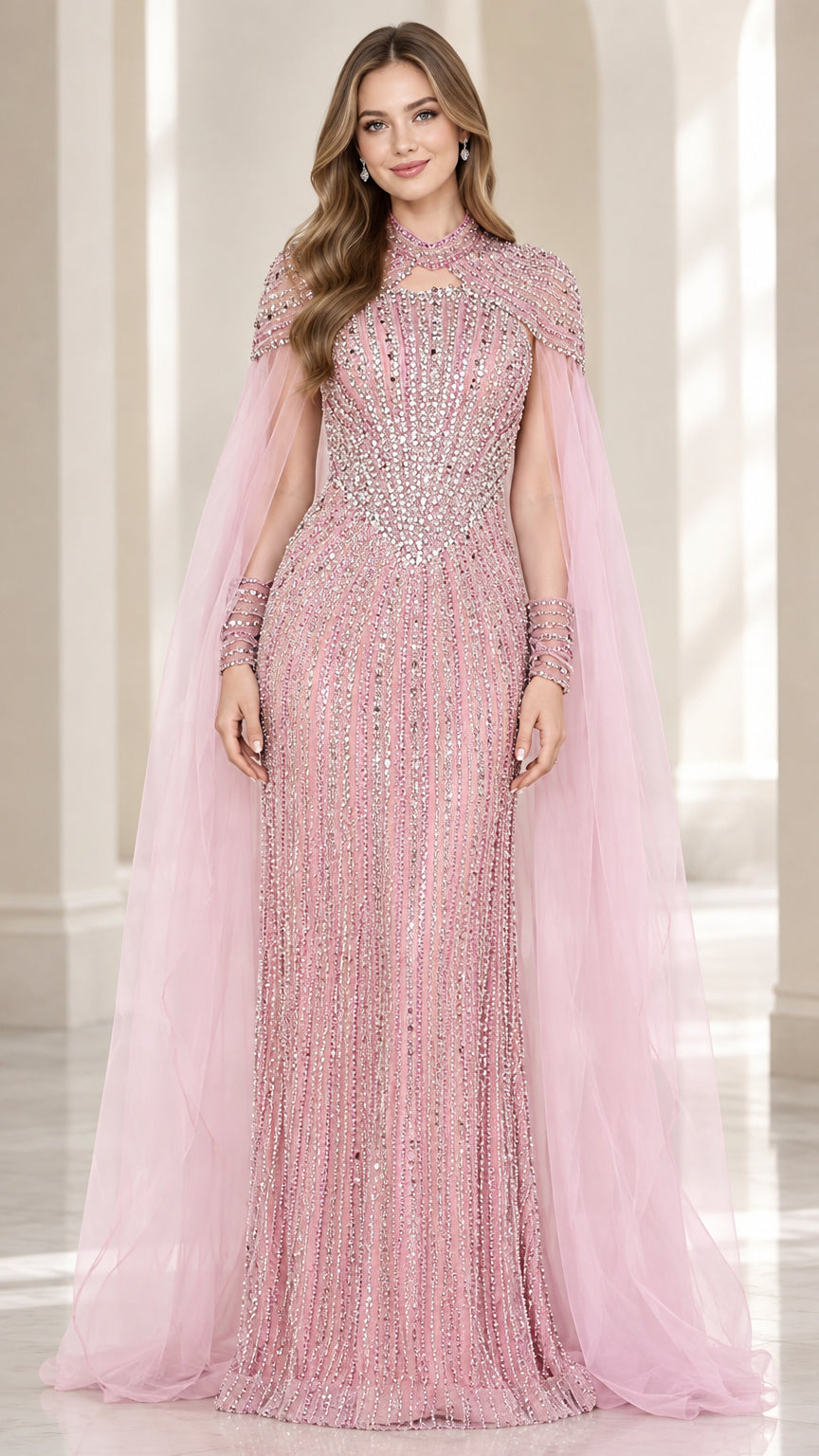 Front view of model wearing dusty pink beaded evening gown with sheer cape